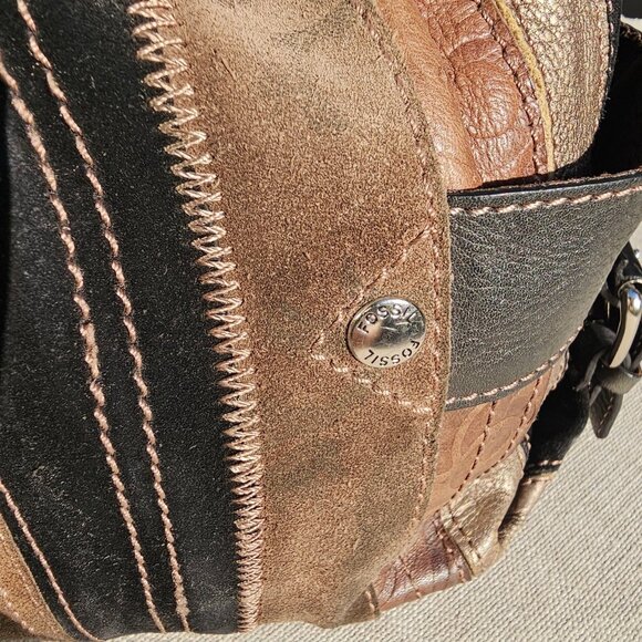 Fossil Vintage Bucket Bag, Satchel, Suede, Leather Patchwork Y2K Black and Brown - Picture 2 of 12